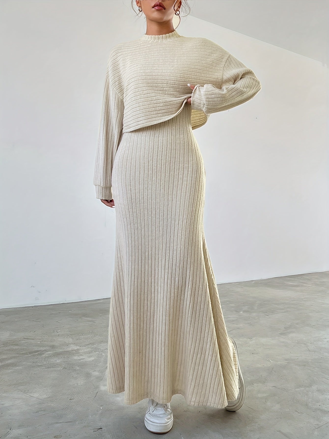 Selene - Ribbed Long Sleeve & Skirt Set