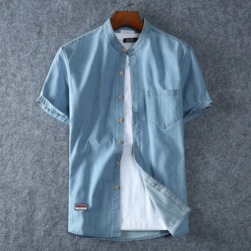 Weston - Premium Short Sleeve Mandarin Denim Shirt (BIG SIZES AVAILABLE)