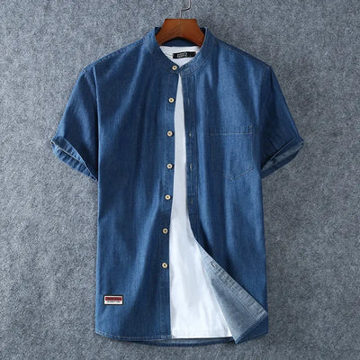 Weston - Premium Short Sleeve Mandarin Denim Shirt (BIG SIZES AVAILABLE)